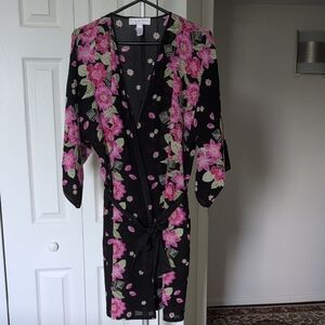 Oscar de la Renta Black and Pink Floral Robe